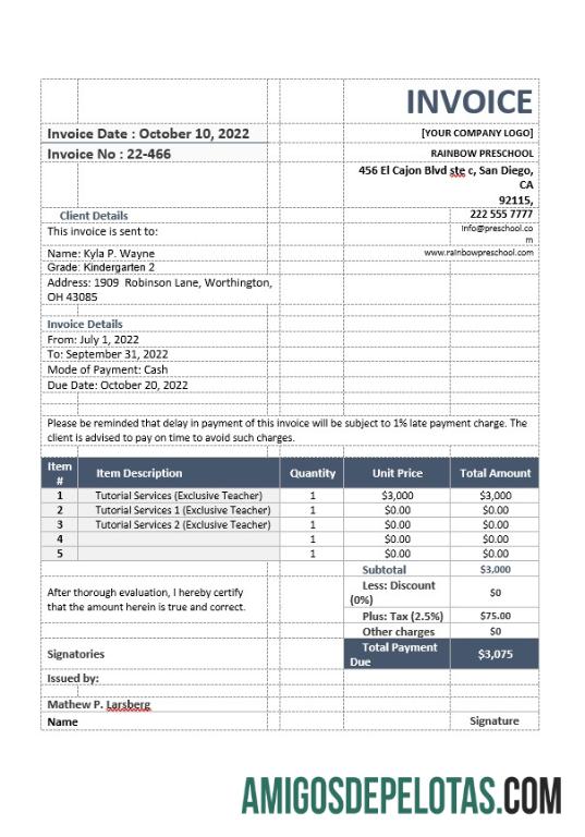 em branco Modelo de fatura de professor escolar